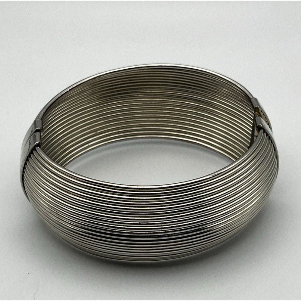 Metal Hinged Clamper Cuff Bracelet in Silver Tone Ribbed Chunky Domed Puffy